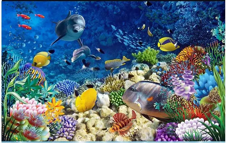

3D wallpaper custom 3d flooring painting wallpaper 3d underwater dolphin background wall floor tile of ground 3d room decoration