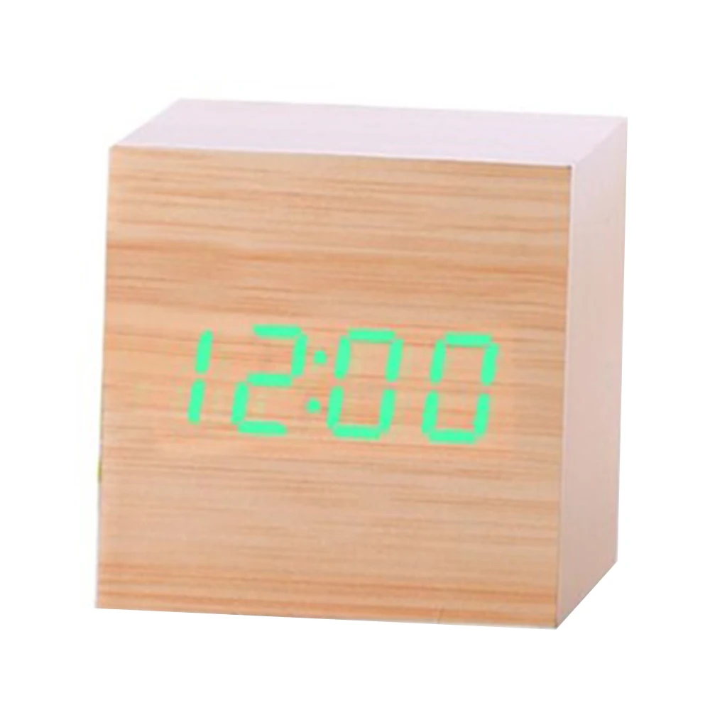  Digital Thermometer Wooden Alarm Clock Alarm Date Desk Clock Table USB Charging Brief Voice-activat
