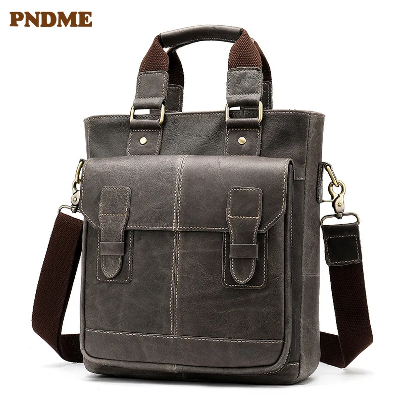 

PNDME casual fashion simple gray genuine leather Men's shoulder bag outdoor first layer cowhide crossbody bags handbags