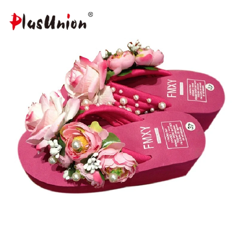 

plusunion summer white rose floral beach dark pink wedges flip flop slippers shoes house home shoes women platform open toe cool