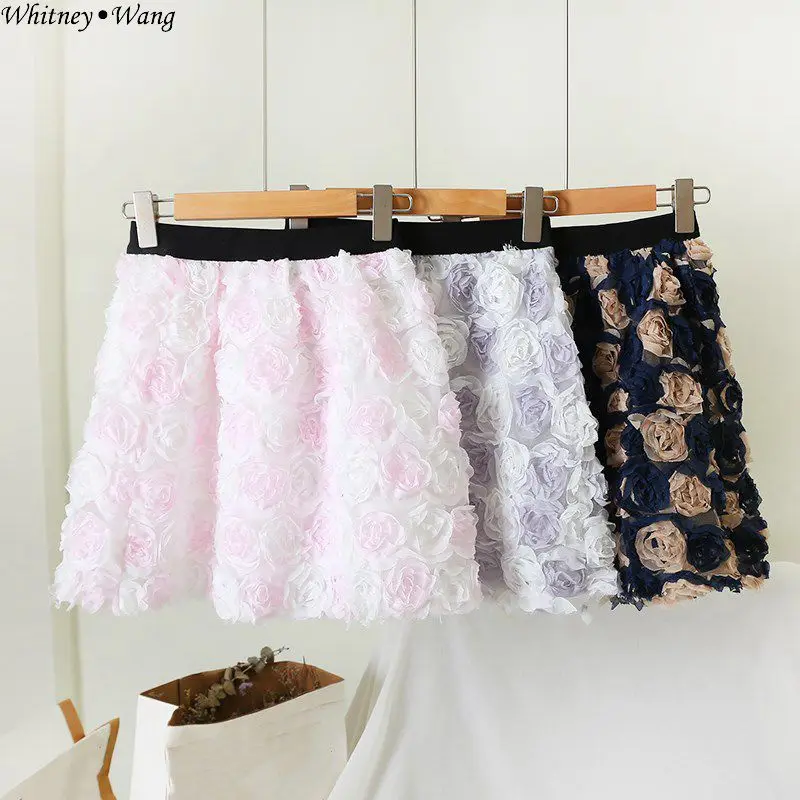 

WHITNEY WANG 2019 Summer Fashion Streetwear 3D Rose Florals Skirt Women faldas Skirts Womens