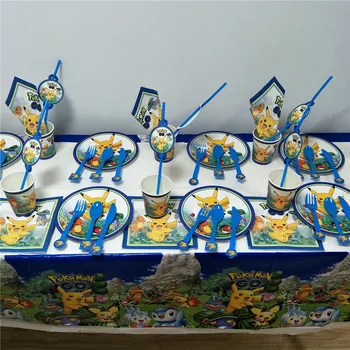 

82pcs Pikachu Children Birthday Party Supplies Plate&Cup Tablecloth Flag Knives&Fork Spoon Straw Napkin Party Favor For Kids