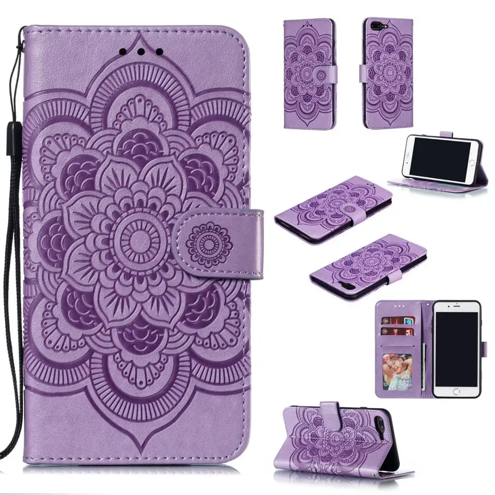

Floral Mandala Vintage Leather Cases For Apple iPhone 7 8 Plus Wallet Cover iPhone8 Pouch Card Slot Pocket Kickstand Straps