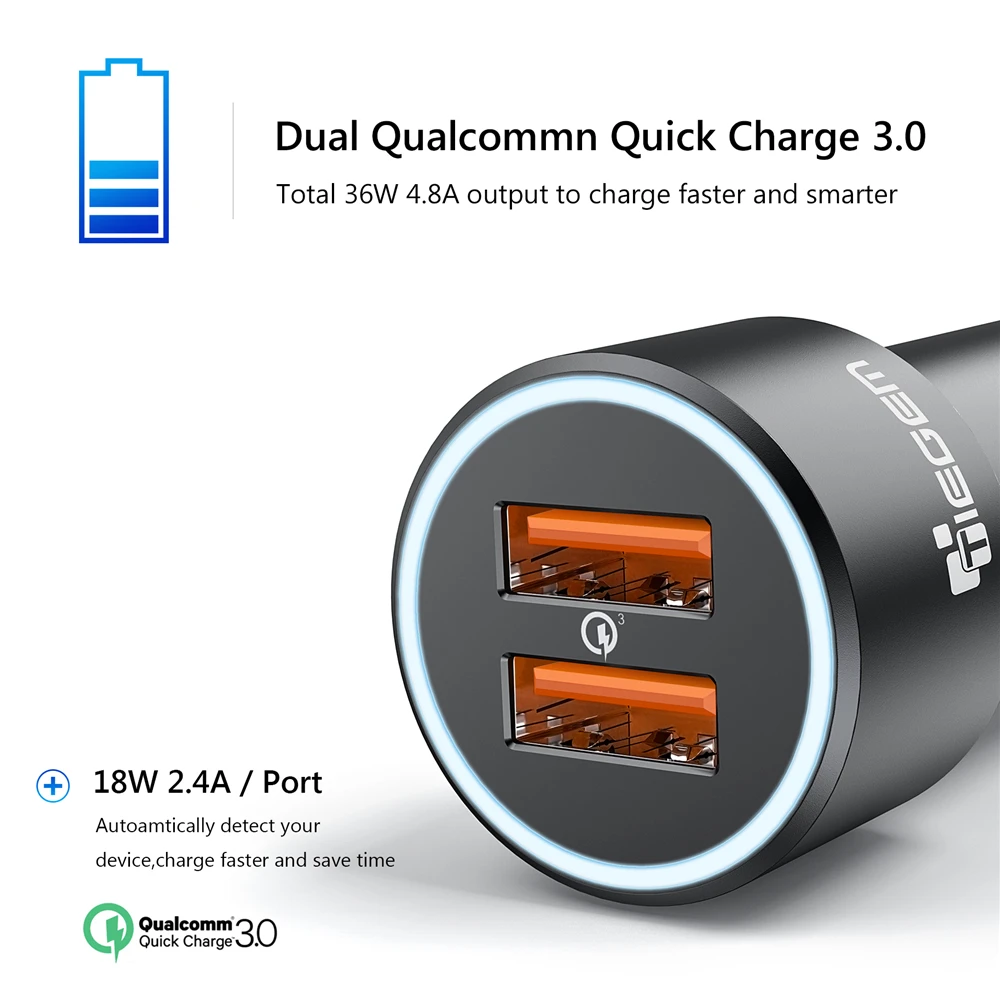 Tiegem مصغرة المزدوج USB سيارة مهايئ شاحن سيارة معدنية-شاحن الهاتف المحمول سيارة شاحن يو اس بي السيارات تهمة QC3.0 36 واط لسامسونج فون