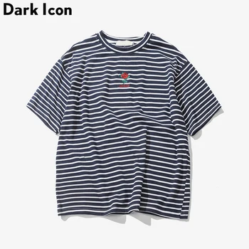 Dark Icon Rose Embroidery Striped Mens T shirt Short Sleeve 2019 Summer Hi street Oversized Hip
