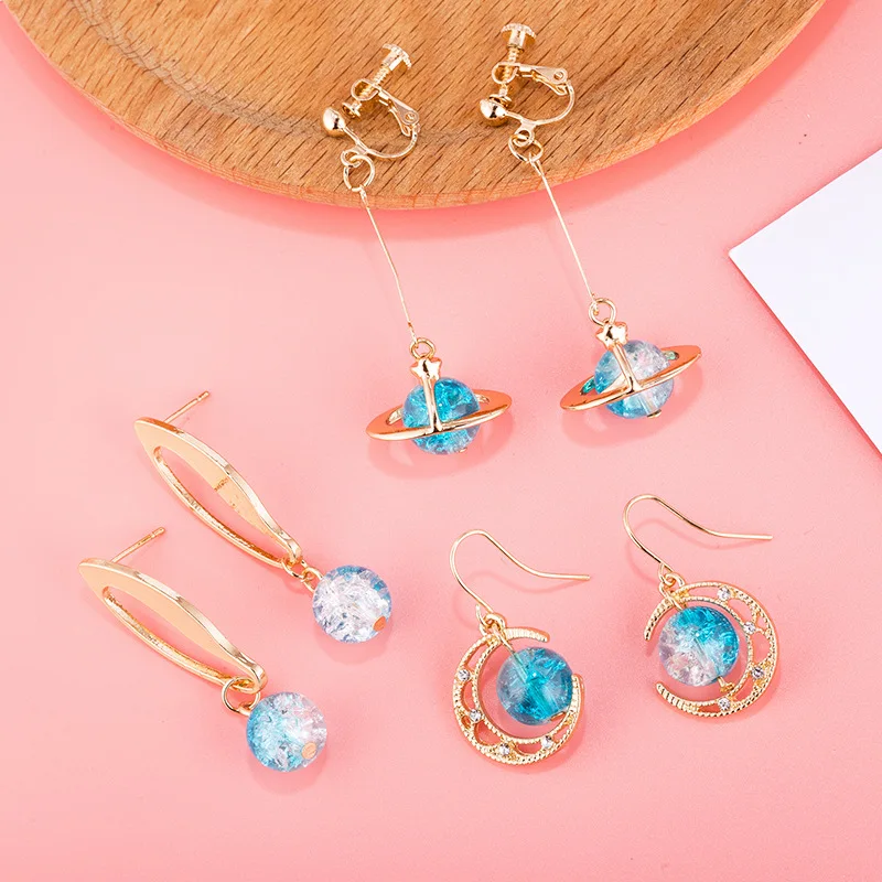 

JCYMONG New Design Blue Glass Round Ball Planet Earrings Fashion Gold Color Metal Crystal Drop Dangle Earrings For Women Jewelry