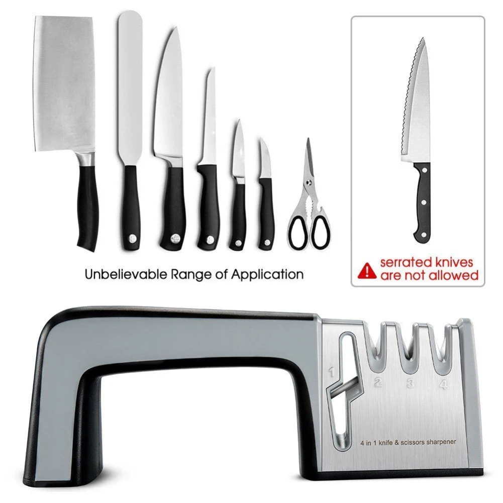 

Knife Sharpener 4 in 1 Diamond Coated&Fine Ceramic Rod Knife Shears and Scissors Sharpening System Stainless Steel Blades