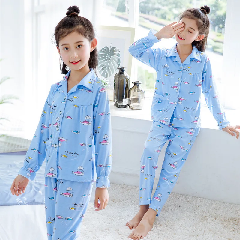 

Children's Pajamas Sets Cute Cartoon Small Fish Pajamas For Girls Sleepwear Kids Home Clothing 100% Cotton High Quality