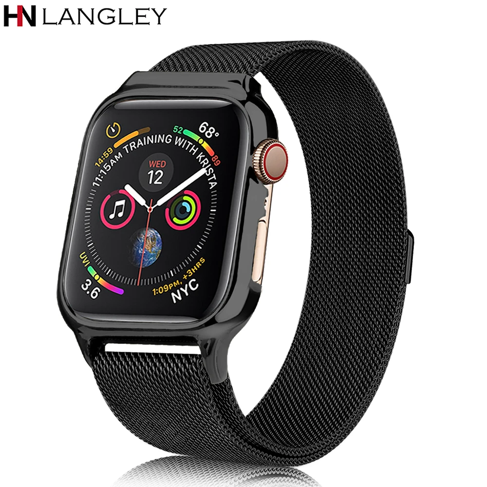 

Milanese Band with Resin Case For Apple Watch Bands Series 4 3 2 1 Stainless Steel Straps PC Hard Case for Iwatch 38 40 42 44 mm