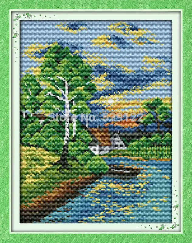 

Sunset On The River! DIY Needlework Sets to Sew 11CT 14CT DMC Counted Cross Stitch Sets for Embroidery Free Knitting Needles