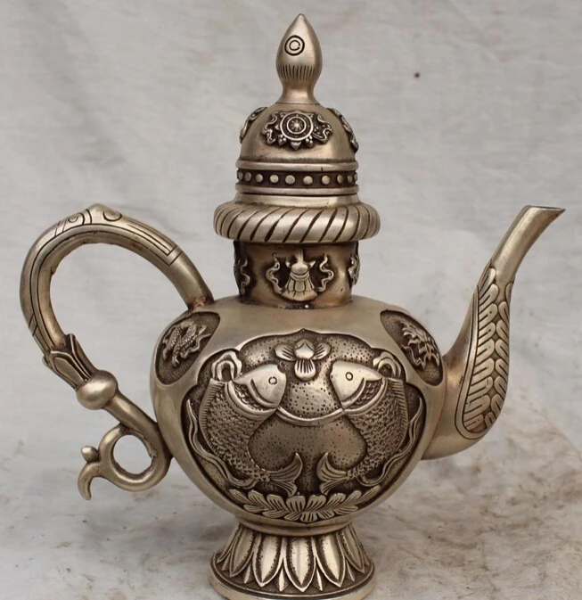 

9" Signed Chinese Silver Auspicious Symbols 2 Jump Fish Teapot Wine Tea Pot Bowl R0707