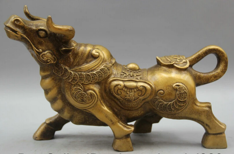 

S5986 14" Chinese Copper Fu Wealth Fengshui Zodiac Year Bull Oxen Sculpture Statue D0318