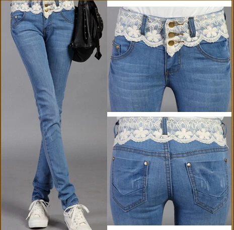 Lace Fashion Casual Washed Scratched Full Length Women's Lady Trousers Pants Denim Jeans for Women NZ0011 |