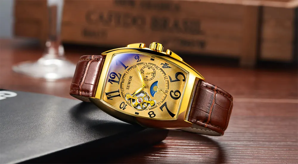 SEWOR Tourbillon автоматические механические часы мужские дизайнерские Moonphase квадратные кожаные часы с скелетом Авто Дата деловые часы