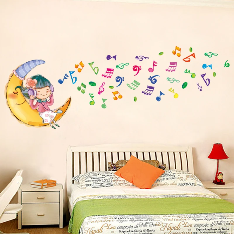 

Girl Music Note Moon Self-adhesive Removable Living Room Nursery Bedroom Door Waterproof Wall Stickers Decor Art Decals dc23