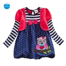 JUXINSU/Хлопковые платья с длинными рукавами и вышивкой в виде совы и бантом для девочек Повседневное платье в полоску с рукавами на осень и зиму для девочек от 1 до 8 лет