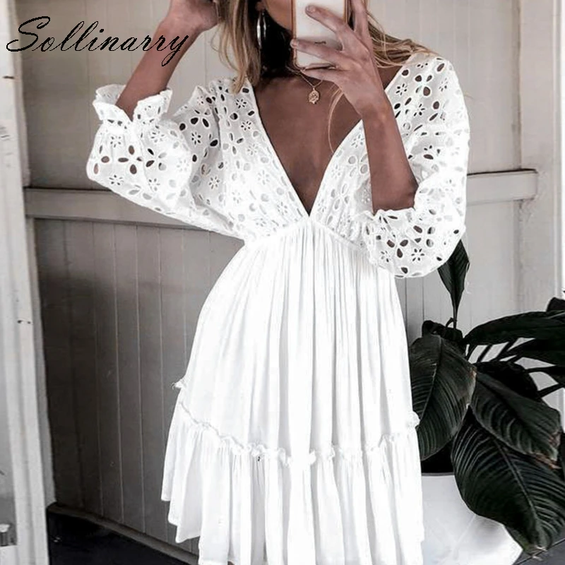 

Sollinarry White Dress Elegant Women Sexy V Neck Cotton Summer Dresses 2019 Hollow Out Casual Boho Short Dress Party Vestidos