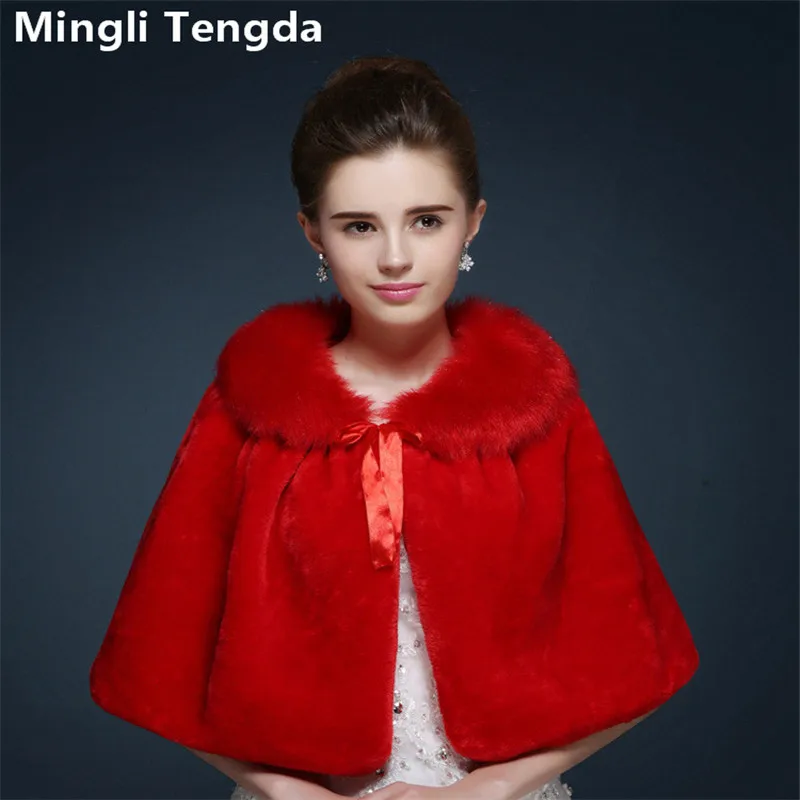 

Women Winter Stole Faux Fur Bridal Jacket Warm Boleros Ivory/Red Bride Wraps Cape Wedding Wrap Wedding Accessories Mingli Tengda