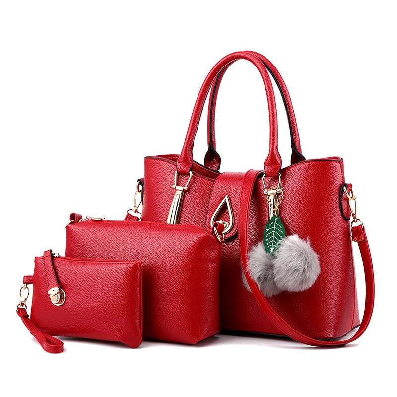 النساء أعلى-حقائب بيد 2019 الشهيرة العلامة التجارية سيدة 3 pcs مركب حقيبة بو الجلود Crossbody حقيبة شعري شرابة يد و المحافظ مجموعات