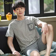 Короткая рубашка Ночное для мужчин пижамы хлопок s Полосатый Серый Цвет накладной карман Модные летние шорты