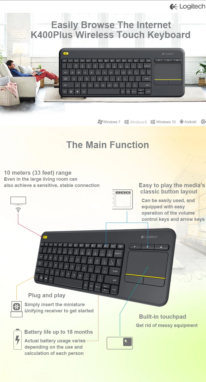 Logitech K400 Плюс 2.4 г Беспроводной клавиатура игровой ноутбук PC Gamer первоначально Эргономика Тачпад Mini Unifying компьютер ТВ