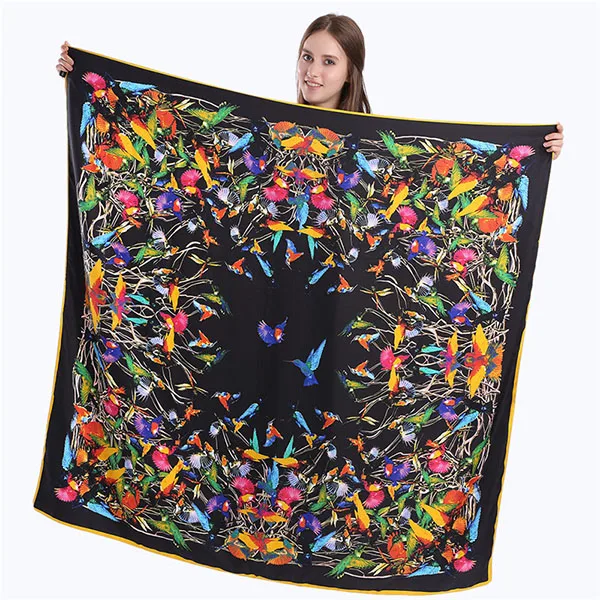 Женский шарф для путешествий с изображением птиц, пашмины, шаль, хиджаб, Femme Soie, платок-бандана, большой квадратный саржевый шелковый шарф 130 130 см - Цвет: black