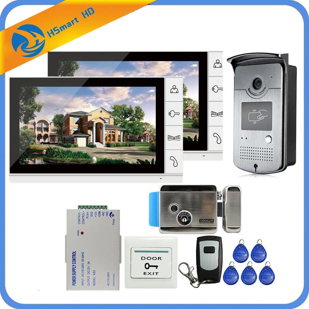 9 inch Wired Video Door Phone Intercom Entry System 2 Monitor + 1 RFID Access IR 700TVL Camera + Electric Control Door Lock