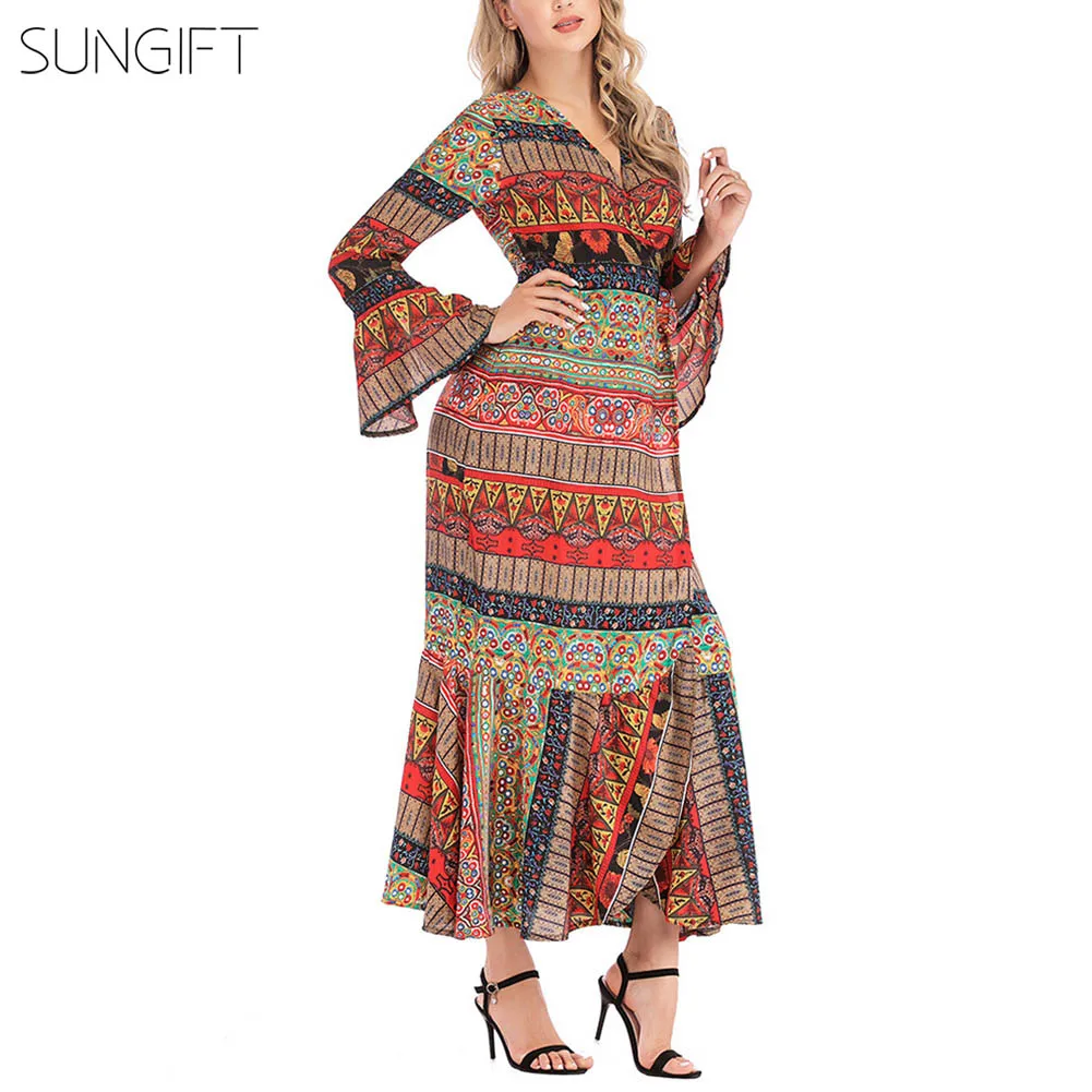 Женское платье в африканском стиле SUNGIFT летнее макси с оборками и расклешенными