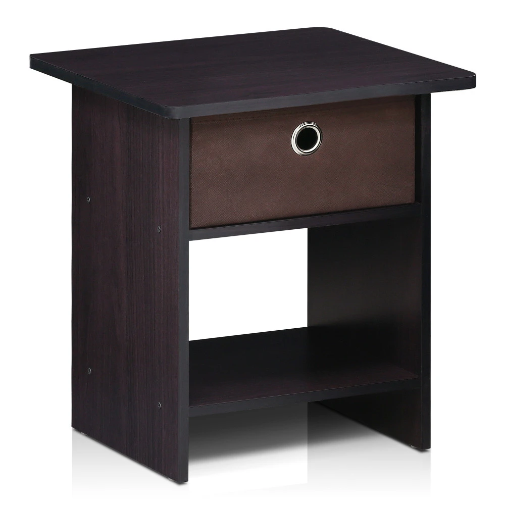 End Table/ Night Stand Storage Shelf with Bin Drawer, Dark Walnut (1)