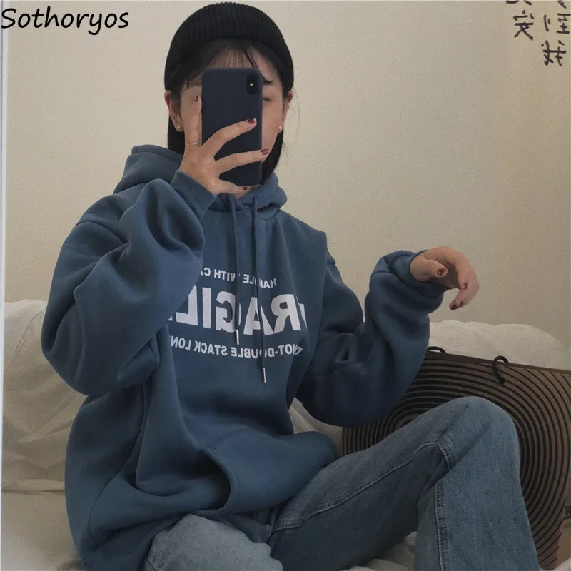 

Hoodies for Women Winter Thicker Hooded Pocket Letter Printed Loose Leisure Kawaii Sweatshirts Womens Korean Ulzzang Trendy Chic