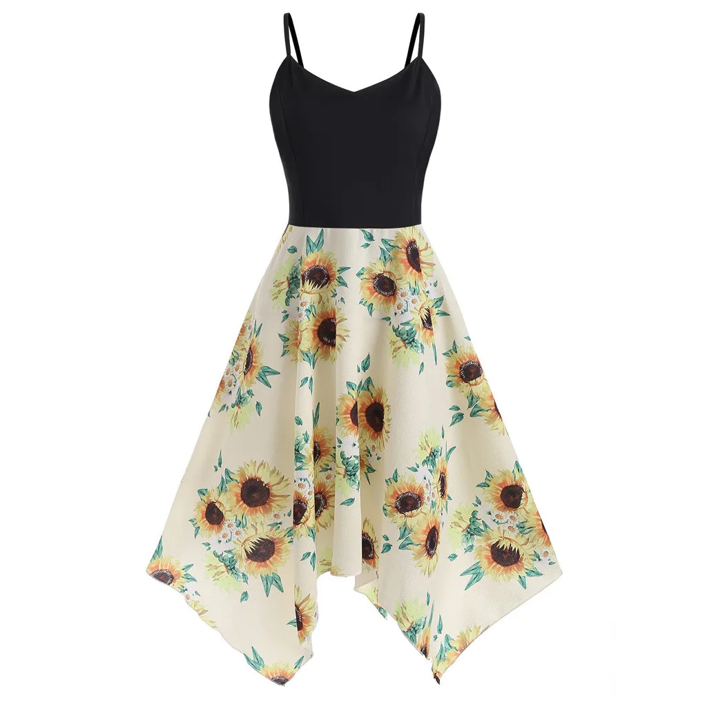  2019 MAXIORILL New Plus Size Fashion Womens Sunflower Print Asymmetric Camis Handkerchief Dress пла