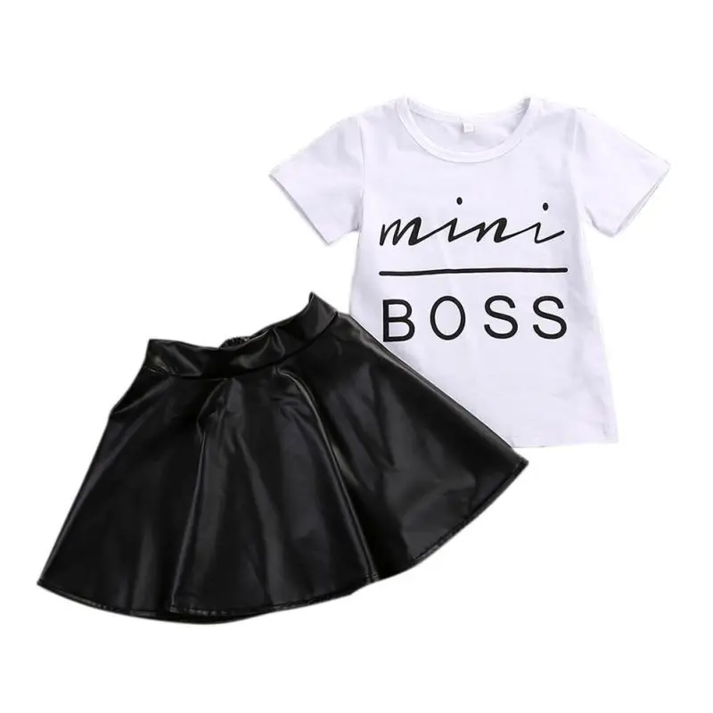

Toddler Kids Girl Clothes Set Summer Short Sleeve Mini Boss T-shirt Tops + Leather Skirt Outfit Child Suit