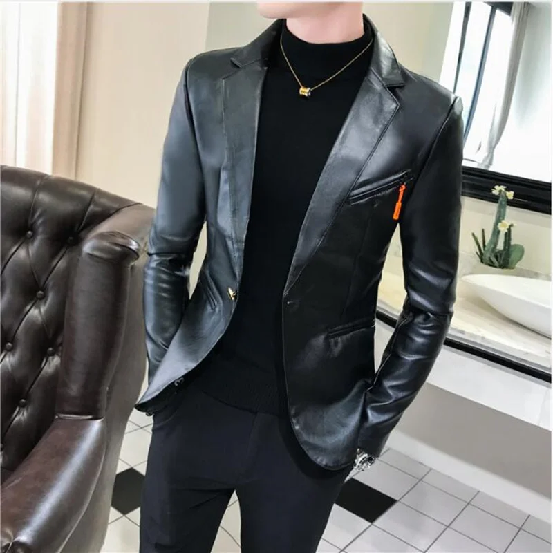 2019 New Arrivals Faux Leather leisure Suit Jacket Men One