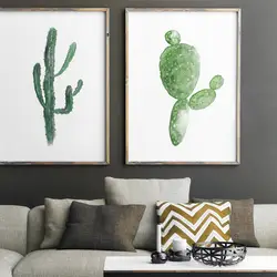 Кактус акварельной живописи, кактусы растительный декор, зеленые сочные кухня Wall Art принт, Современный домашний декор холст картины