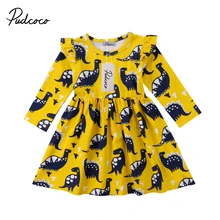 Фирменная Новинка для новорожденных, младенцев Одежда для детей; малышей; девочек Корейском стиле из хлопка с длинными рукавами и с принтом динозавра вечерние Праздничное платье симпатичная одежда мини-платье От 1 до 6 лет