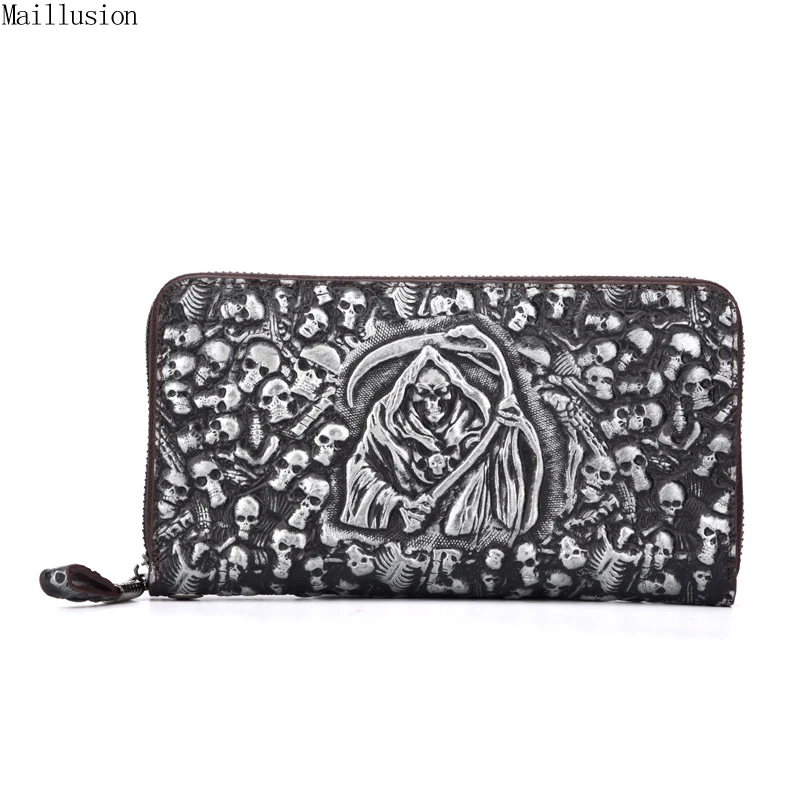 

Maillusion Men Wallets Genuine Leather Gents Wallet Wristlet Vintage 3D Skull Male Clutch Cartera Money Famous Brand Coin Purses