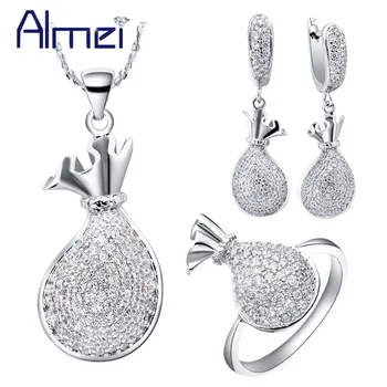 

Almei Fashion Dubai Lady Costume Jewellery Silver Kettle Jewelry Sets Crystal Bridal Earrings Big Ring Necklace for Woman T064