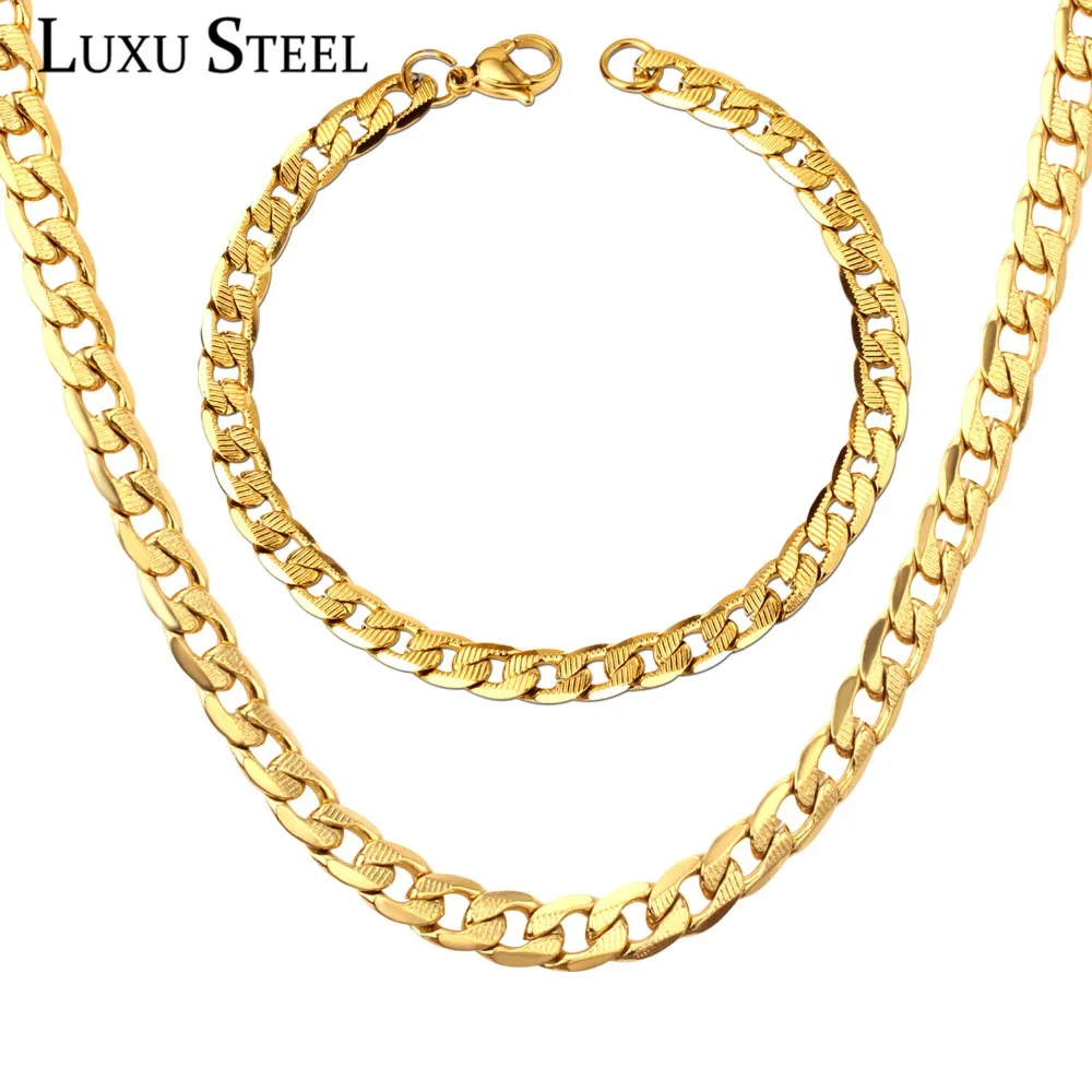 

LUXUSTEEL Width 6mm Length 20inch/22inch/24inch Necklace Bracelets Sets Stainless Steel Link Chain Jewelry For Men Accessories