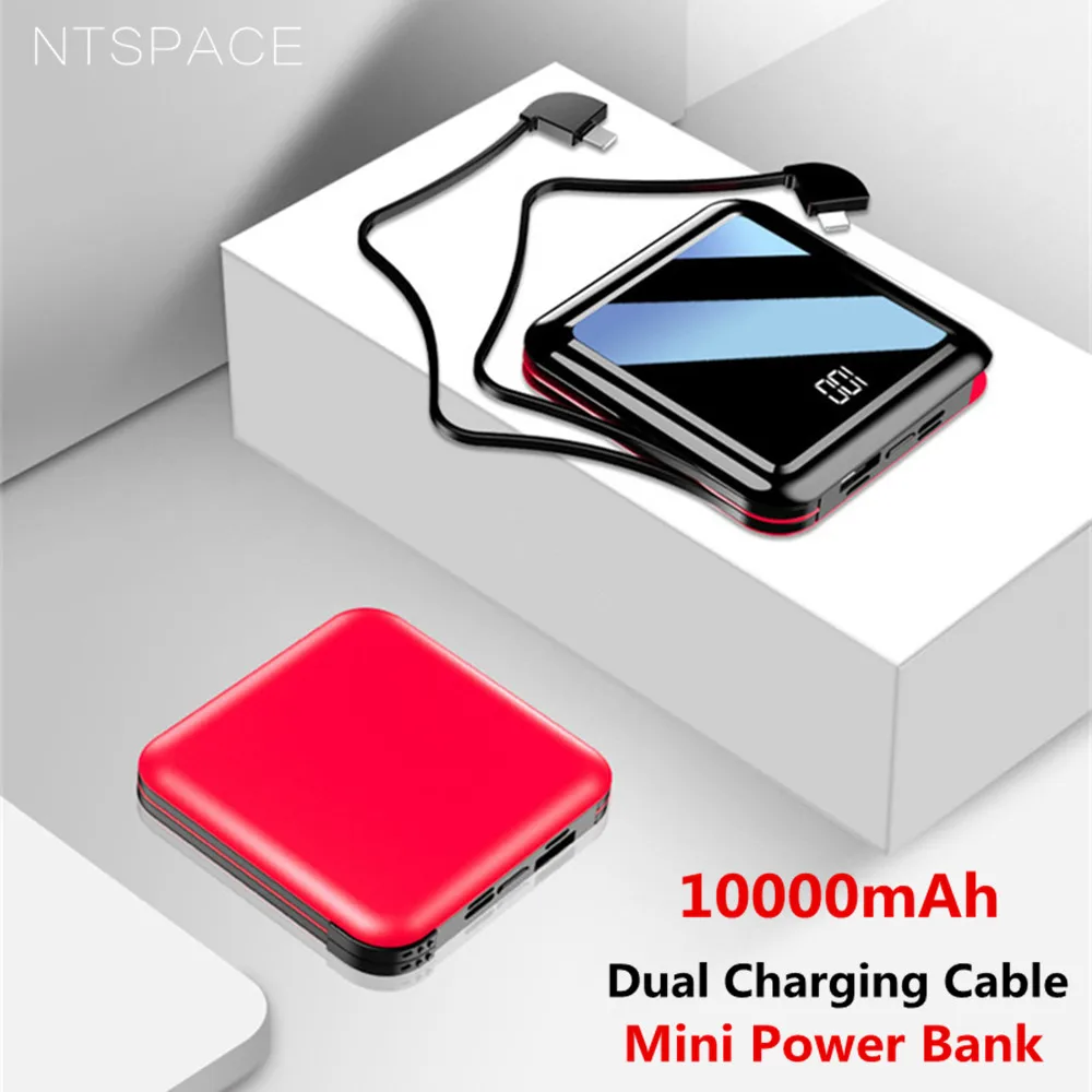 

NTSPACE 10000mAh Mini Power Bank 2.1A Quick Charge Portable Powerbank Fast Power Charging Pack External Battery Dual Cable