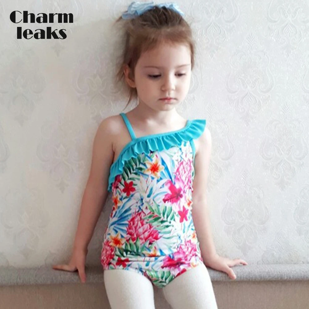 Charmleaks Girls' One Piece Swimsuits Flower Print One shoulder