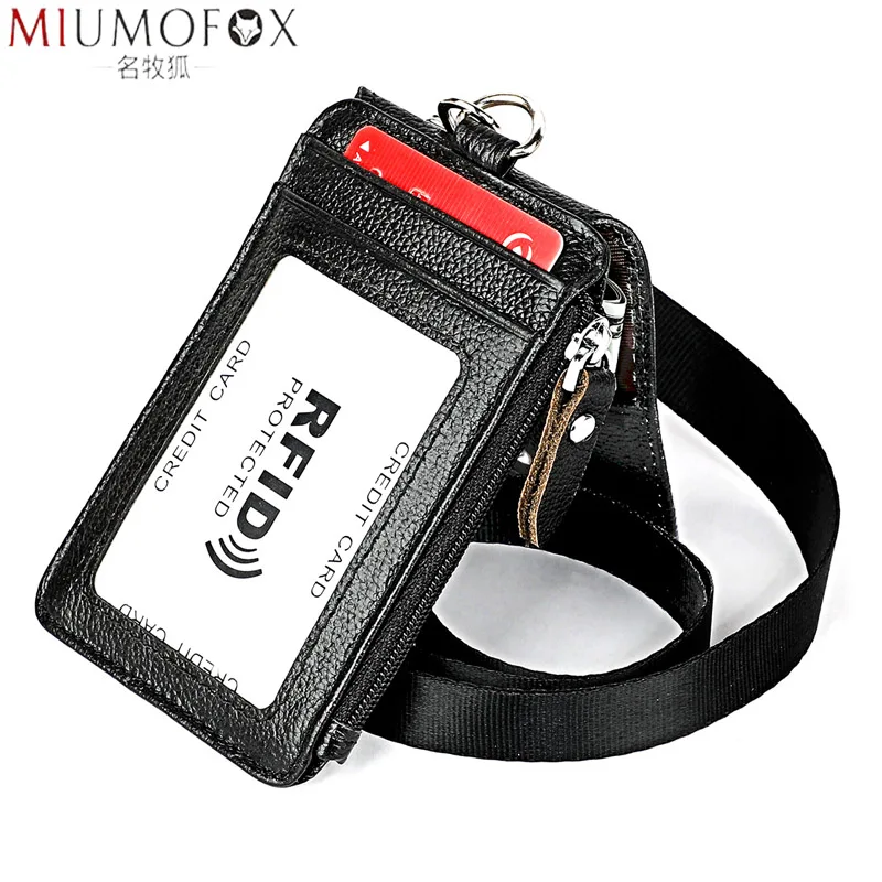 Leather Lanyard ID Holder for Work Badge License w Neck Strap Credit Card Wallet 