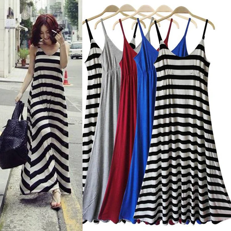 

Summer Maxi Dress Women Plus Size Striped Holiday Long Modal Beach dress Style Spaghetti Strap Sexy Evening Party Dresses