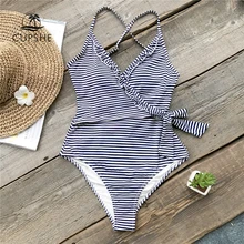 CUPSHE, темно-синий и белый полосатый слитный купальник для женщин, с рюшами, завязанный бантом, монокини,, открытая спина, пляжные купальники, купальники