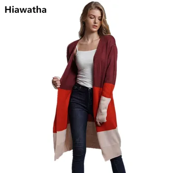 

Hiawatha 2018 Cardigan Women Jacket Coat Mixed Color Knitted Sweater Autumn Long Sleeve Loose Sweaters E1955