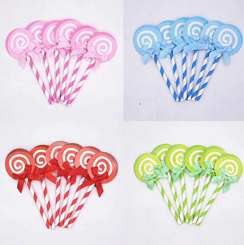 

60pcs Mixed Color Lollipop Ribbon Bow Cake Toppers Flag For Wedding Party Aniversary Birthday Baby Shower Decorations Supplies