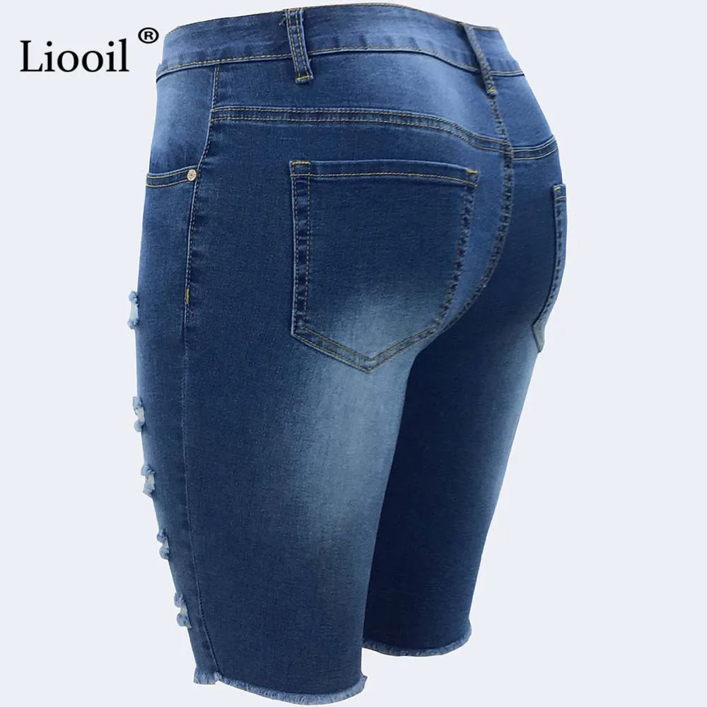 Liooil 2019 повседневное синий отверстие шорты для женщин для плюс размеры хлопок Сексуальный Rave Жан короткие модные, средняя посадка карман