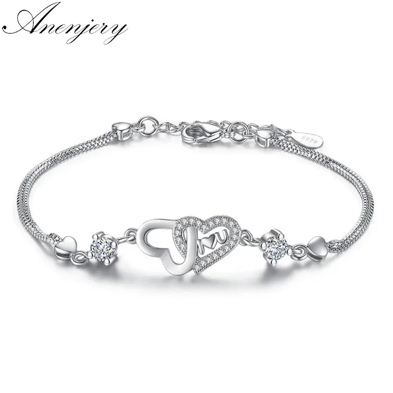 Anenjery, 925 пробы, серебряный, вечная любовь, сердце, циркон, двойной слой, цепочка, браслет для женщин, pulseira feminina, S-B47