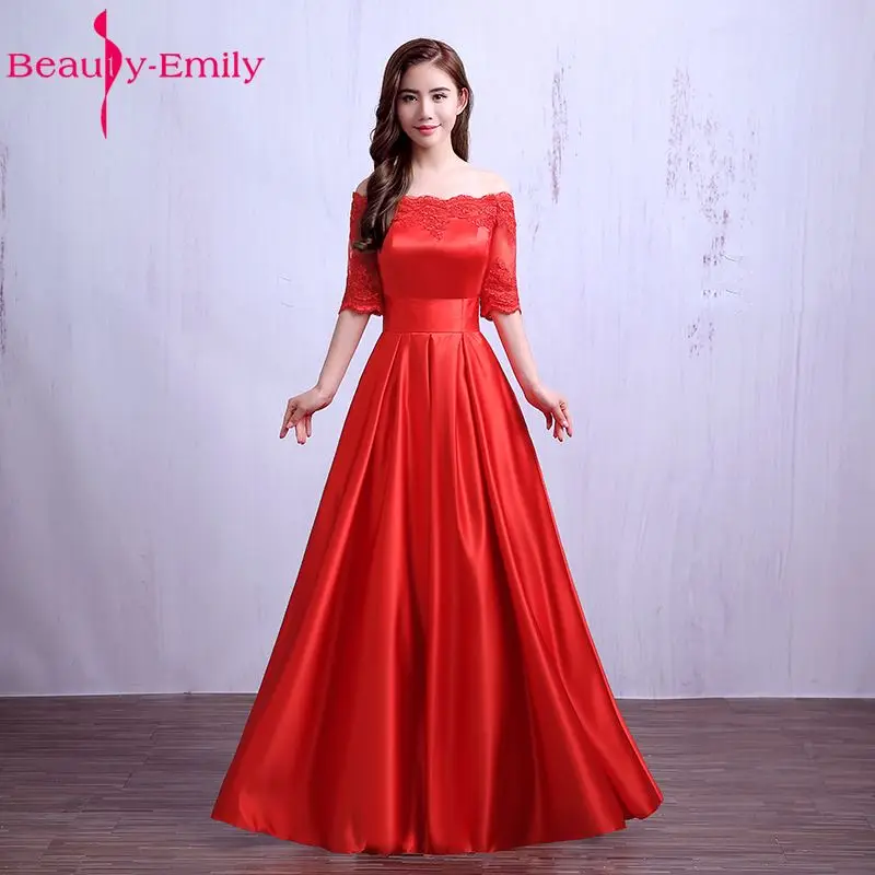 Beauty Emily Elegant Wine Red Long Evening Dresses 2019 Lace Pocket Satin Custom Made Women Party Prom Dresses Robe De Soiree