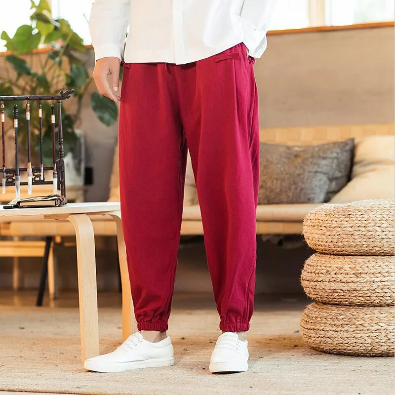 Chinese Style Foot Straps Pants Fashion Men Vintage Solid Wide Leg Trousers Plus Size Drawstring Waist Male Pants M-7XL