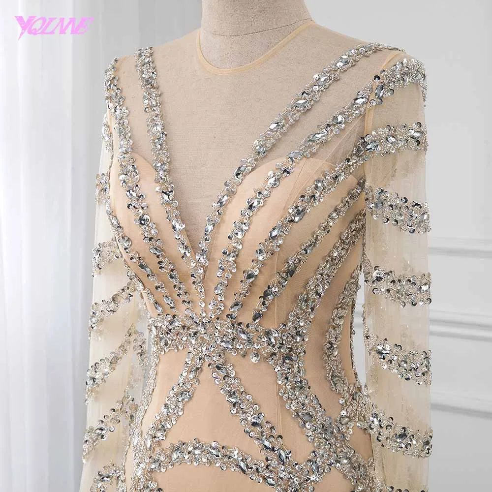 Sexy Champagne Crystal Evening Dress Long Sleeve Formal Gown Mermaid Slit Center YQLNNE Sexy Champagne Crystal Evening Dress Long Sleeve Formal Gown Mermaid Slit Center YQLNNE